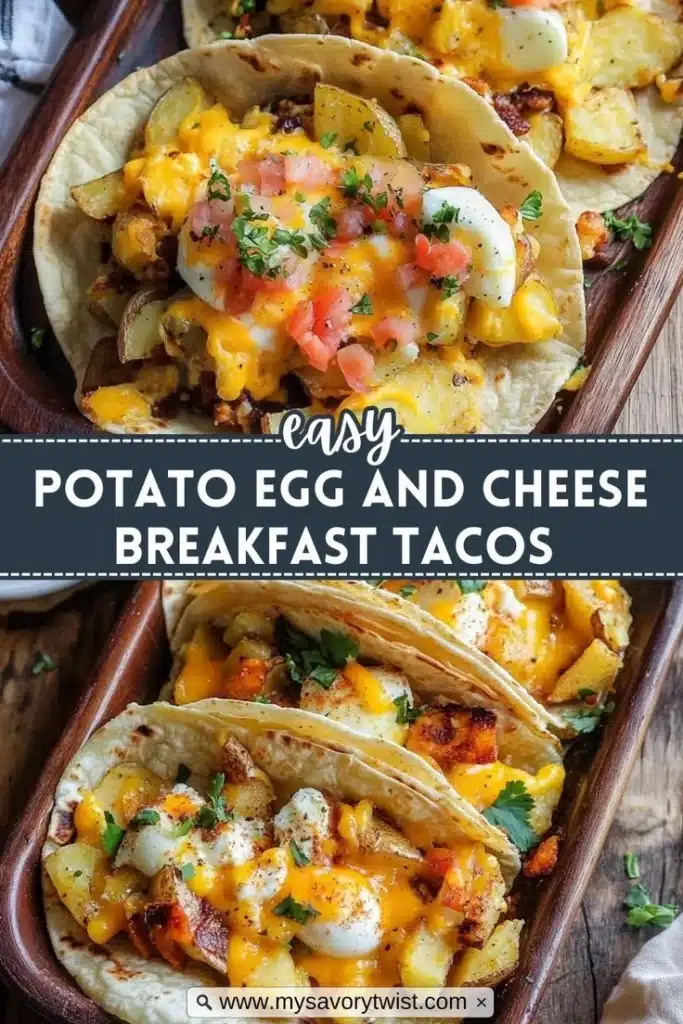 Delicious potato, egg, and cheese breakfast tacos served on a plate.