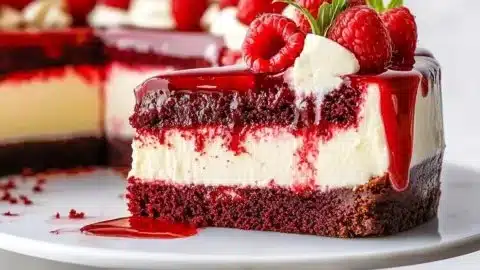 Red Velvet Cheesecake Bliss 2 Decadent Red Velvet Cheesecake with cream cheese frosting and chocolate sauce