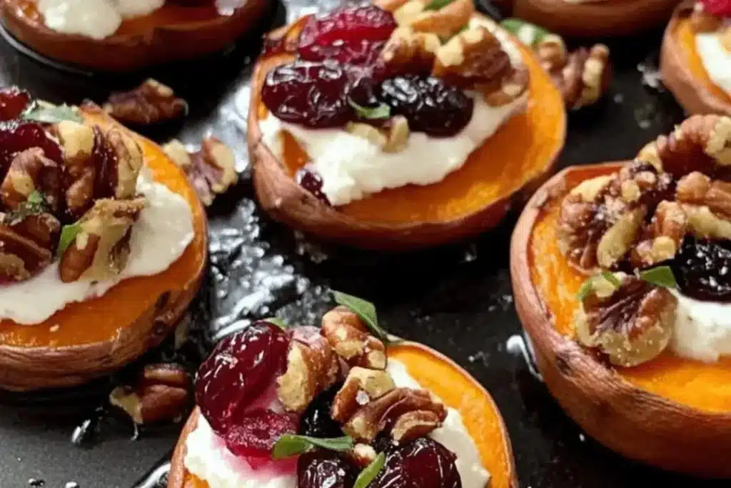 Roasted sweet potato rounds topped with goat cheese, cranberries, and candied walnuts