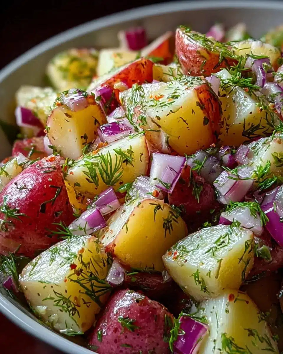 Salt and Vinegar Potato Salad 1 Bowl of salt and vinegar potato salad garnished with fresh herbs