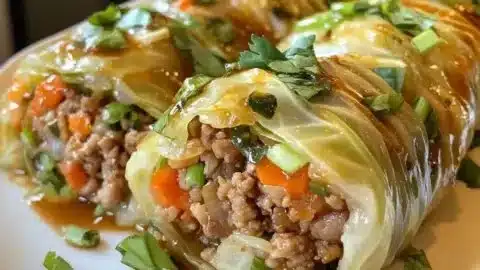 Savory Sesame Ginger Keto Cabbage Rolls served in a dish