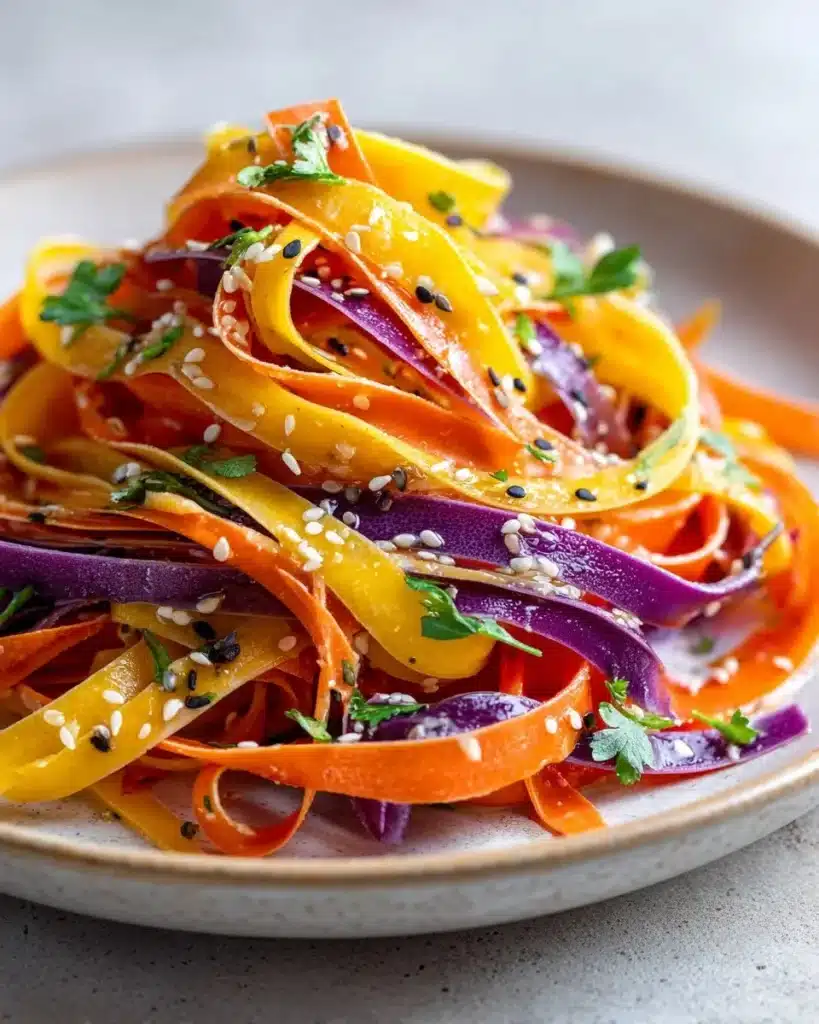 Colorful shaved rainbow carrot sesame salad in a bowl.