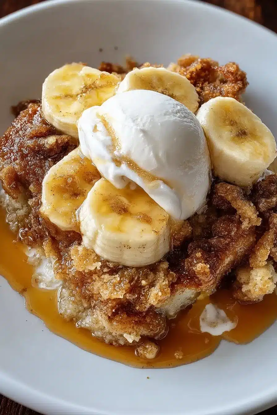 Southern Banana Cobbler 1 Southern banana cobbler topped with whipped cream in a baking dish