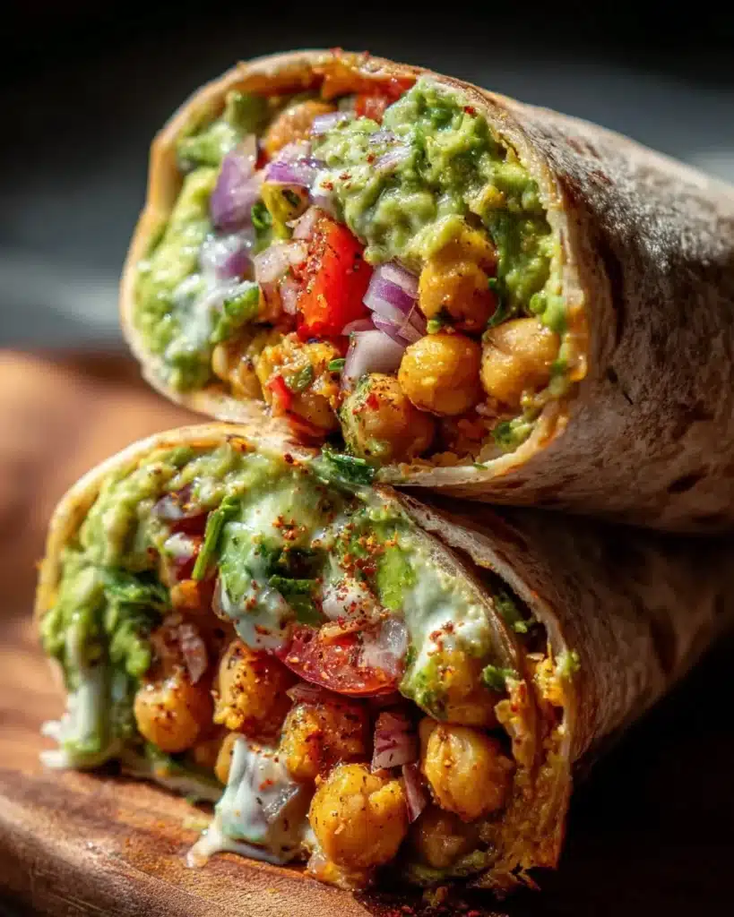 Spicy chickpea and avocado wrap on a plate with fresh ingredients