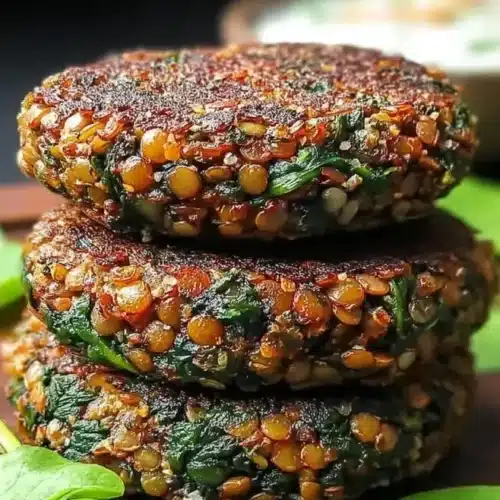 Spinach and Lentil Burgers 2 Spinach and lentil burgers served on a plate with fresh vegetables.
