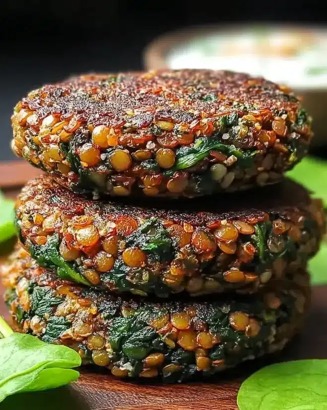 Spinach and Lentil Burgers 1 Spinach and lentil burgers served on a plate with fresh vegetables.