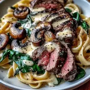 Steak Gorgonzola Alfredo with Roasted Mushrooms, Spinach, and Caramelized Onions 2 Creamy Steak Gorgonzola Alfredo with roasted mushrooms, spinach, and caramelized onions.