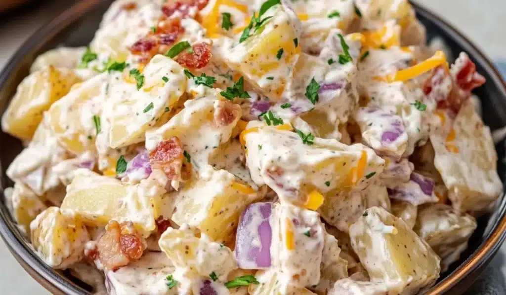 Creamy steakhouse potato salad in a serving bowl with herbs and seasonings