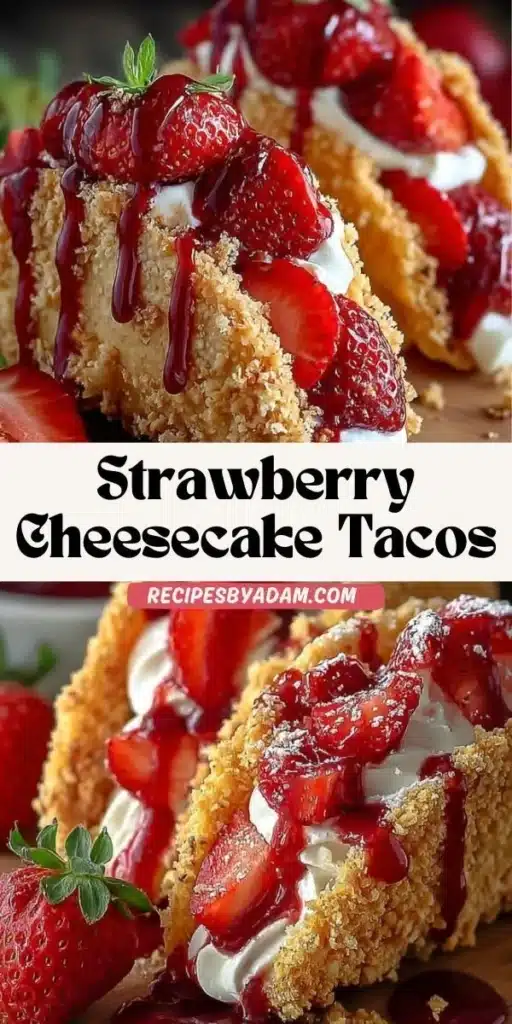 Strawberry Crunch Cheesecake Tacos displayed on a plate with fresh strawberries.