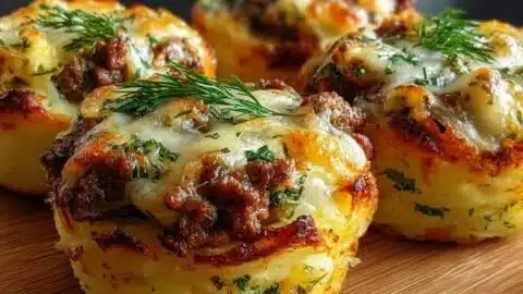 Stuffed Mashed Potato Nests 2 Delicious stuffed mashed potato nests topped with herbs and cheese.