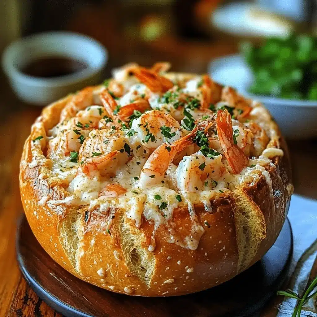Stuffed Seafood Soup served in a bread bowl, showcasing a rich and hearty seafood medley.