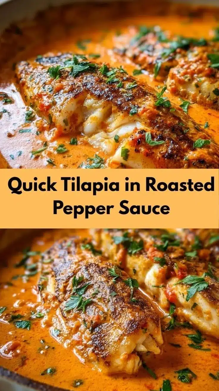 Tilapia fillet in roasted pepper sauce served on a plate