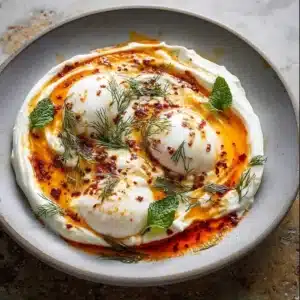 Delicious Turkish Eggs Cilbir topped with yogurt and paprika sauce