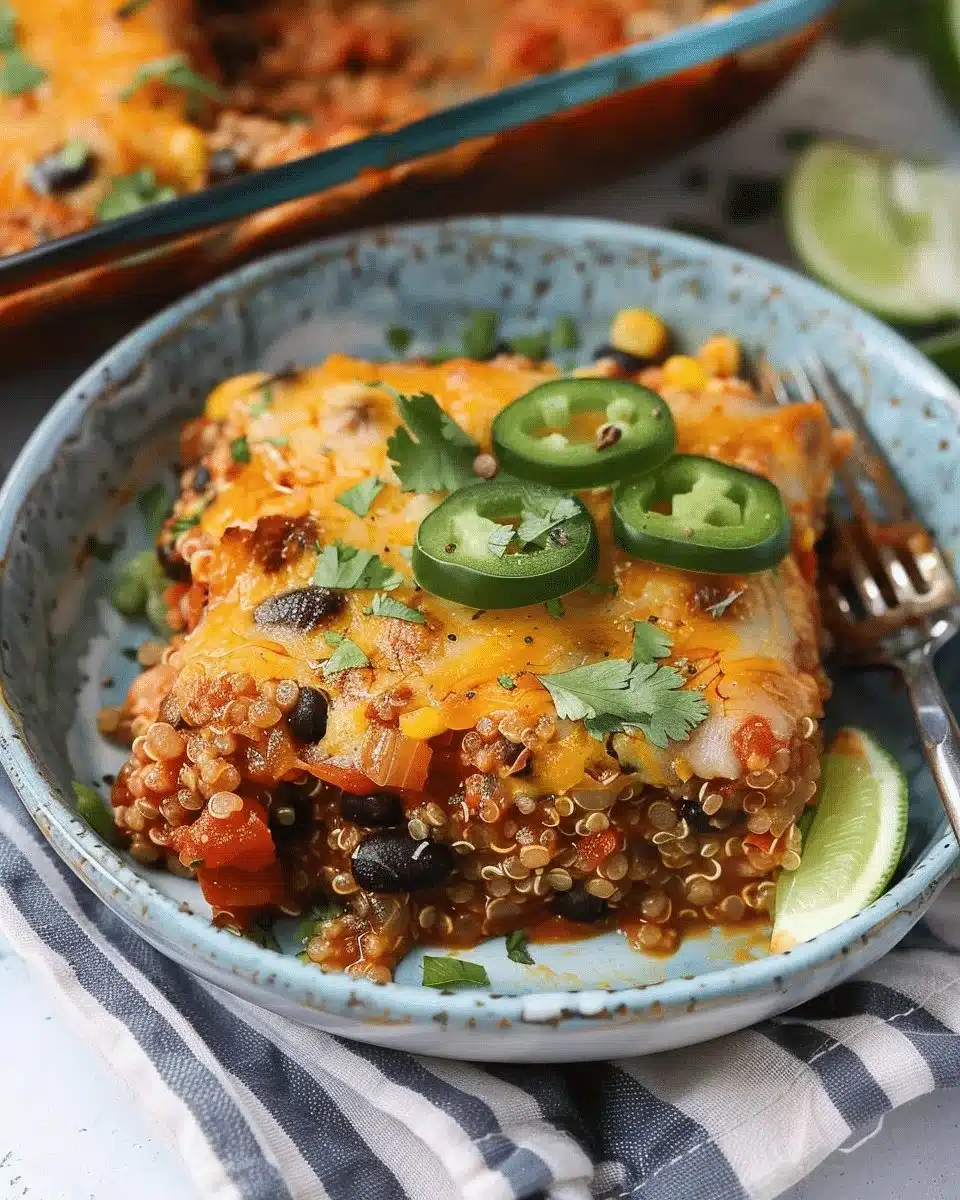 Vegetarian black bean quinoa casserole topped with cheese and herbs.