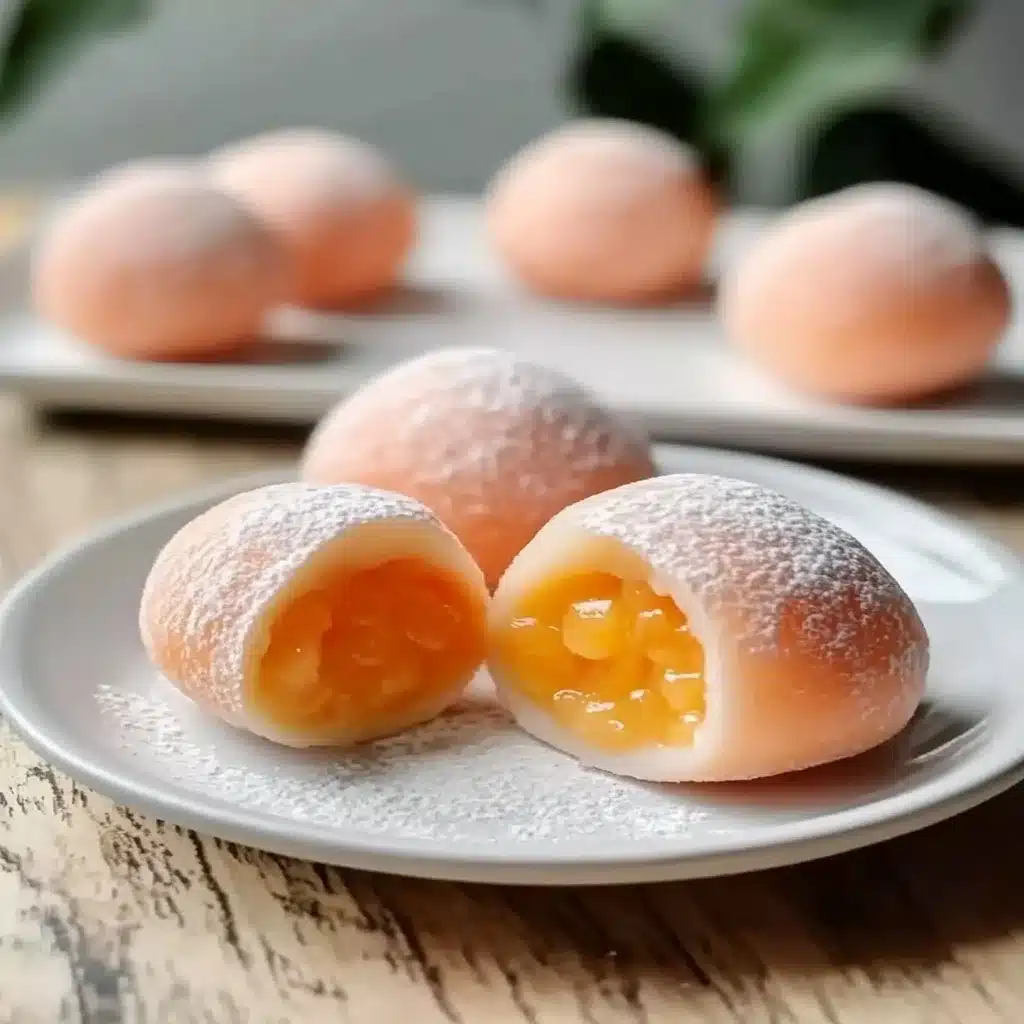 Delicious whole peach mochi dessert featuring sweet peaches and soft rice cake