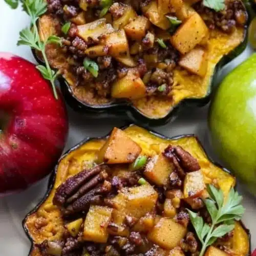 Apple Stuffed Acorn Squash 2 Delicious apple stuffed acorn squash dish garnished and ready to serve.