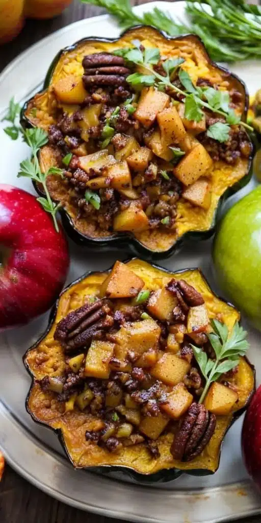 Apple Stuffed Acorn Squash 1 Delicious apple stuffed acorn squash dish garnished and ready to serve.