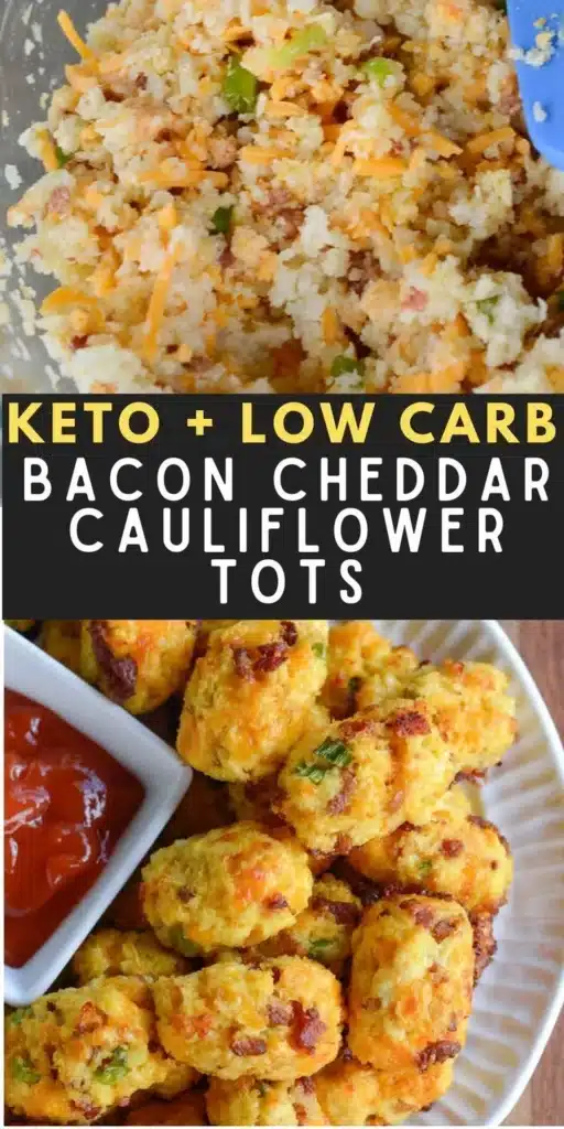 Bacon Cheddar Cauliflower Tots served on a plate with dipping sauce