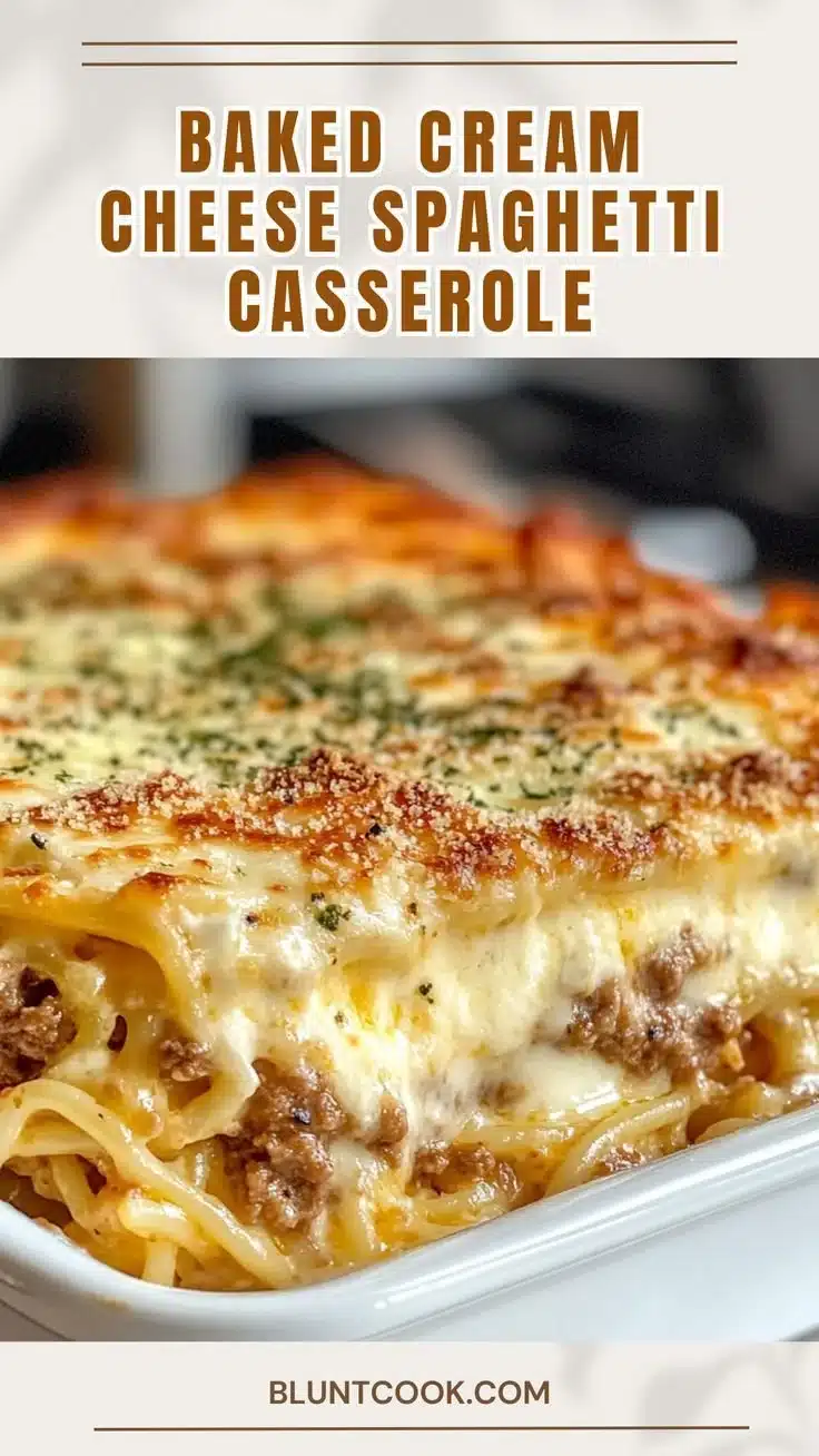 Baked Cream Cheese Spaghetti Casserole with melted cheese and herbs