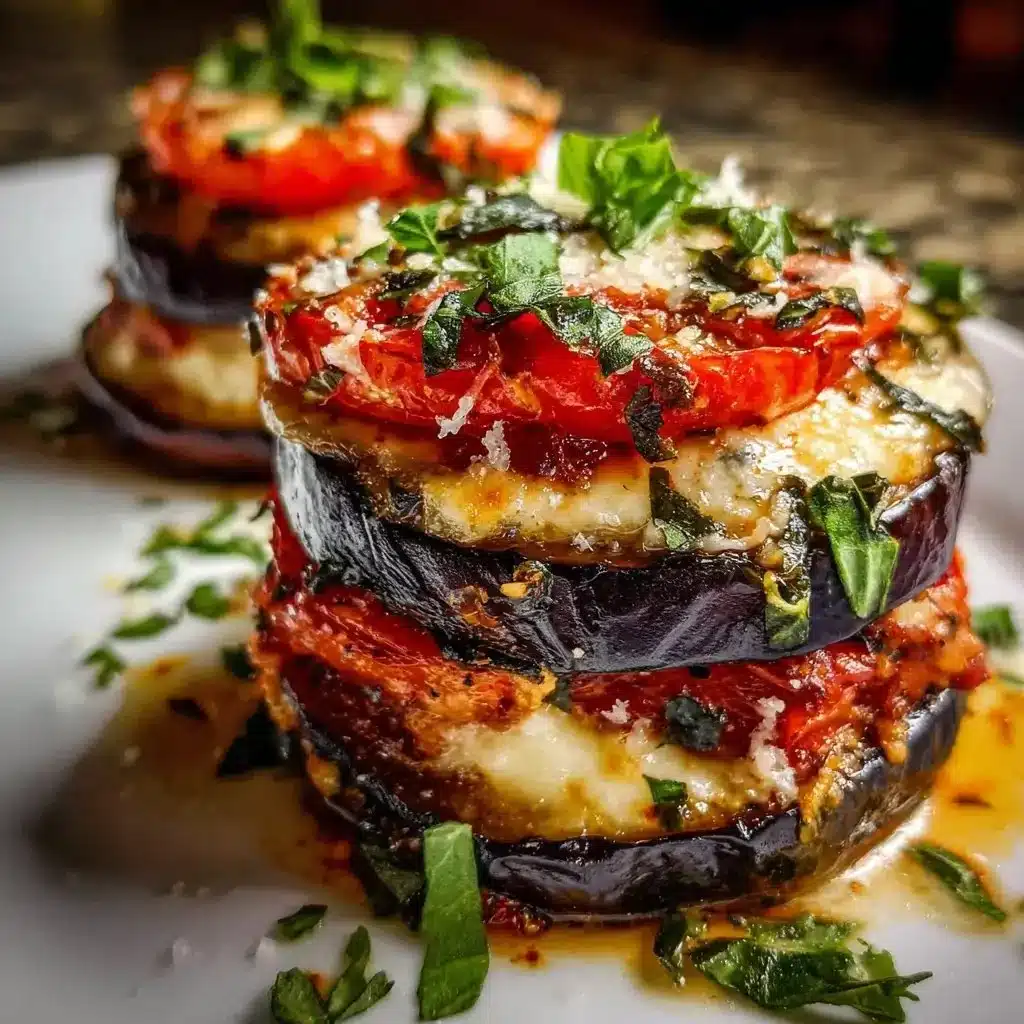 Baked eggplant and tomato stacks garnished with herbs on a plate