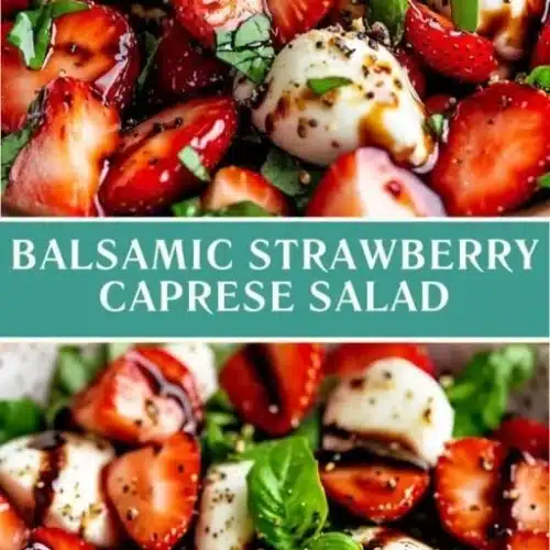 Balsamic Strawberry Caprese Salad with fresh strawberries, mozzarella, basil, and balsamic drizzle