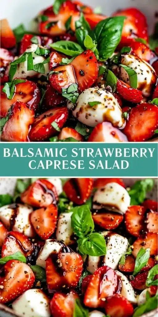 Balsamic Strawberry Caprese Salad with fresh strawberries, mozzarella, basil, and balsamic drizzle