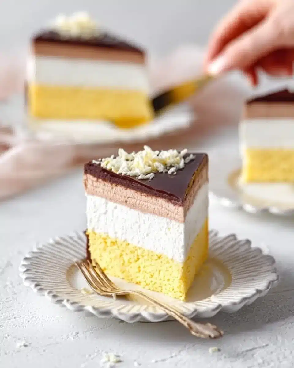 Delicious Bird's Milk Cake with Sour Cream Mousse and Ganache topping