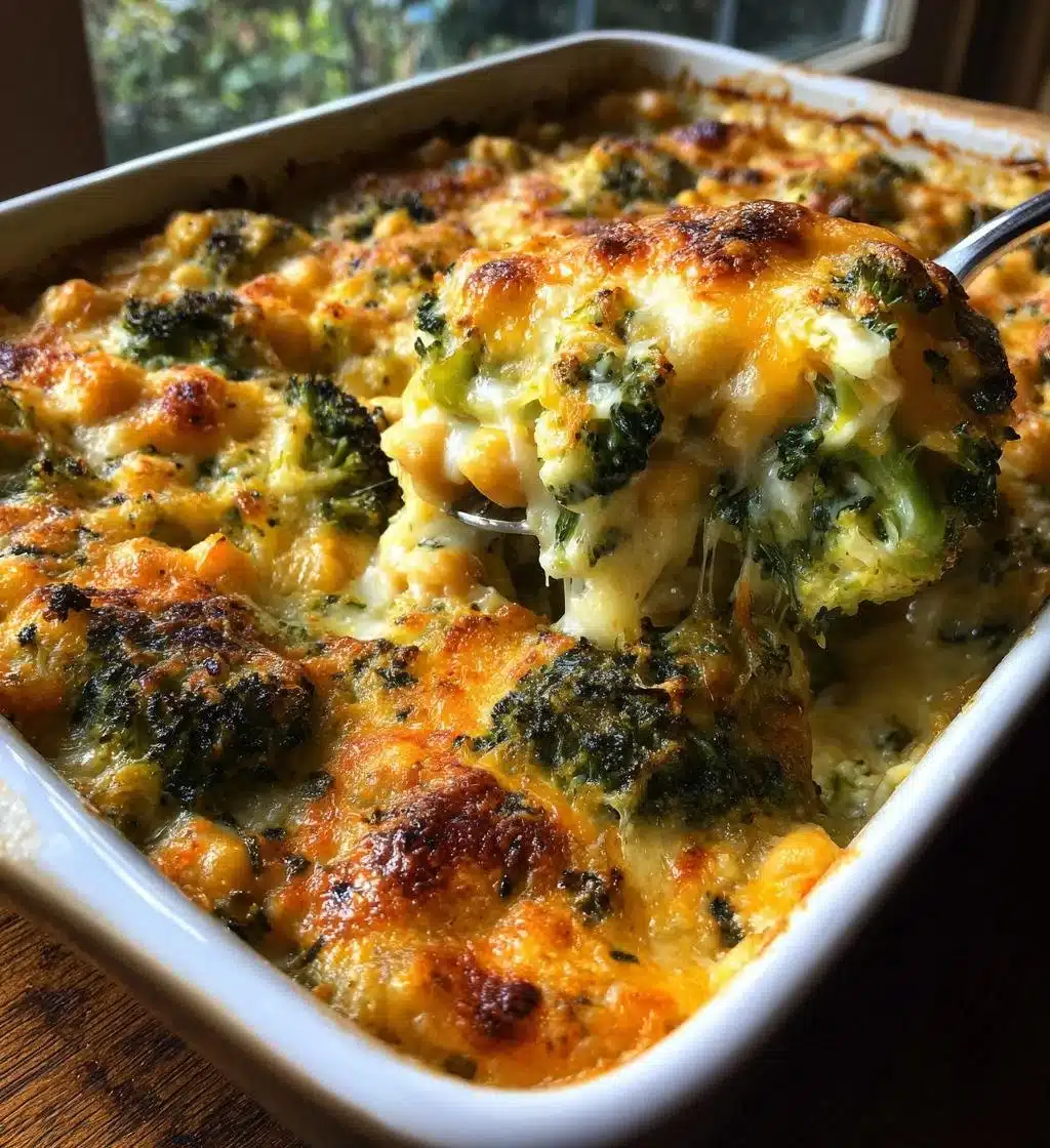 Delicious Broccoli and Chickpea Casserole served in a ceramic dish