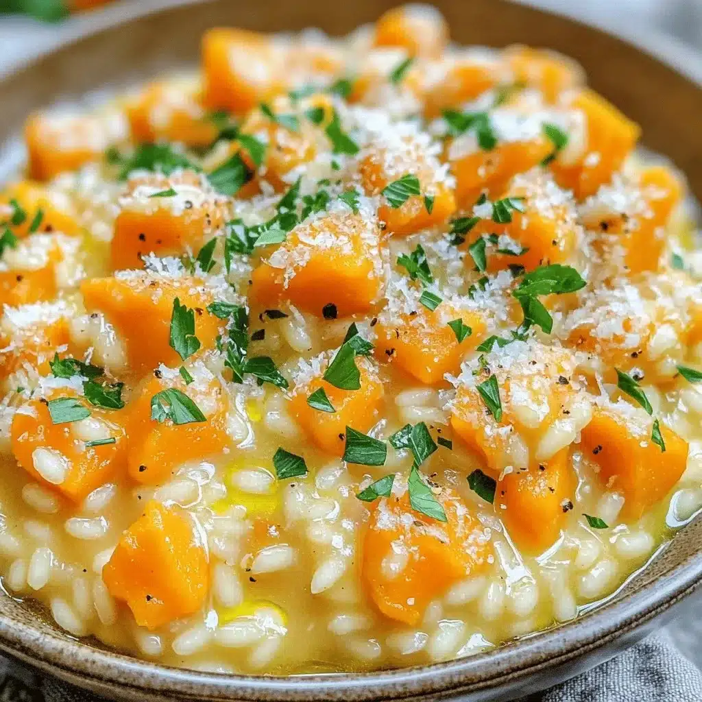 Butternut Squash Risotto 1 Creamy butternut squash risotto garnished with herbs and parmesan cheese