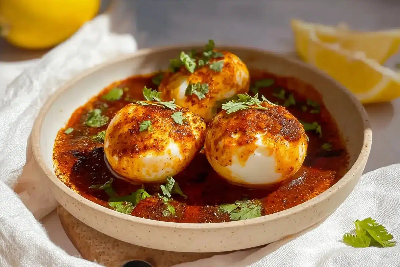 Cajun Boiled Eggs (Viral Egg Boil Recipe) You Must Try Today! 1 Plate of Cajun boiled eggs with spicy seasoning and herbs