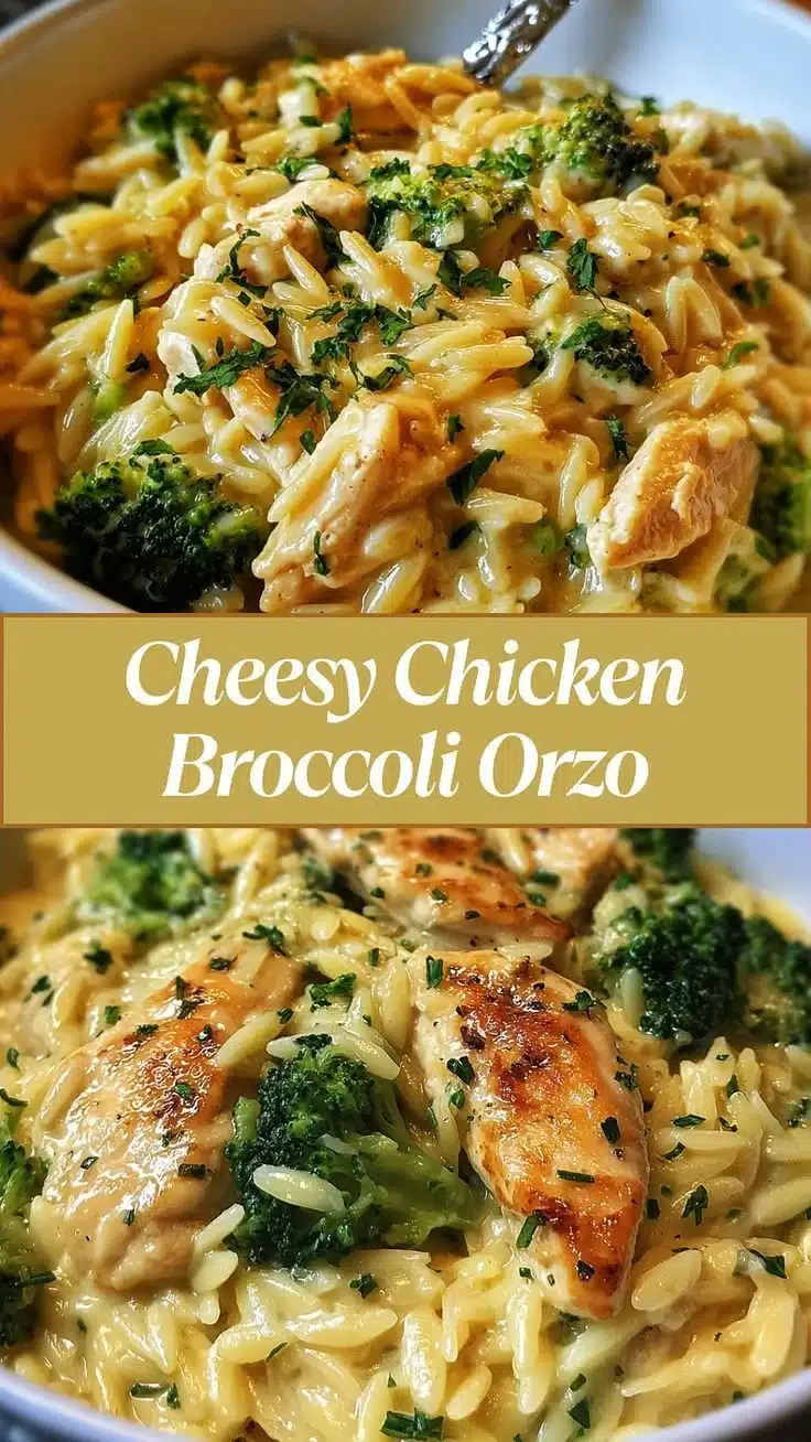 Cheesy Chicken Broccoli Orzo 1 Creamy cheesy chicken broccoli orzo dish served in a bowl