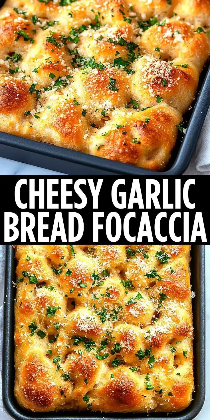Delicious cheesy garlic bread focaccia topped with herbs and melted cheese