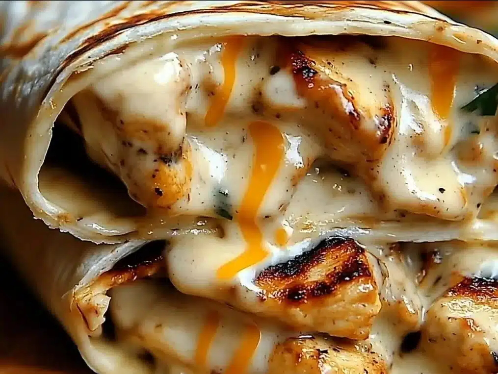 Cheesy garlic chicken wraps with fresh ingredients and melted cheese