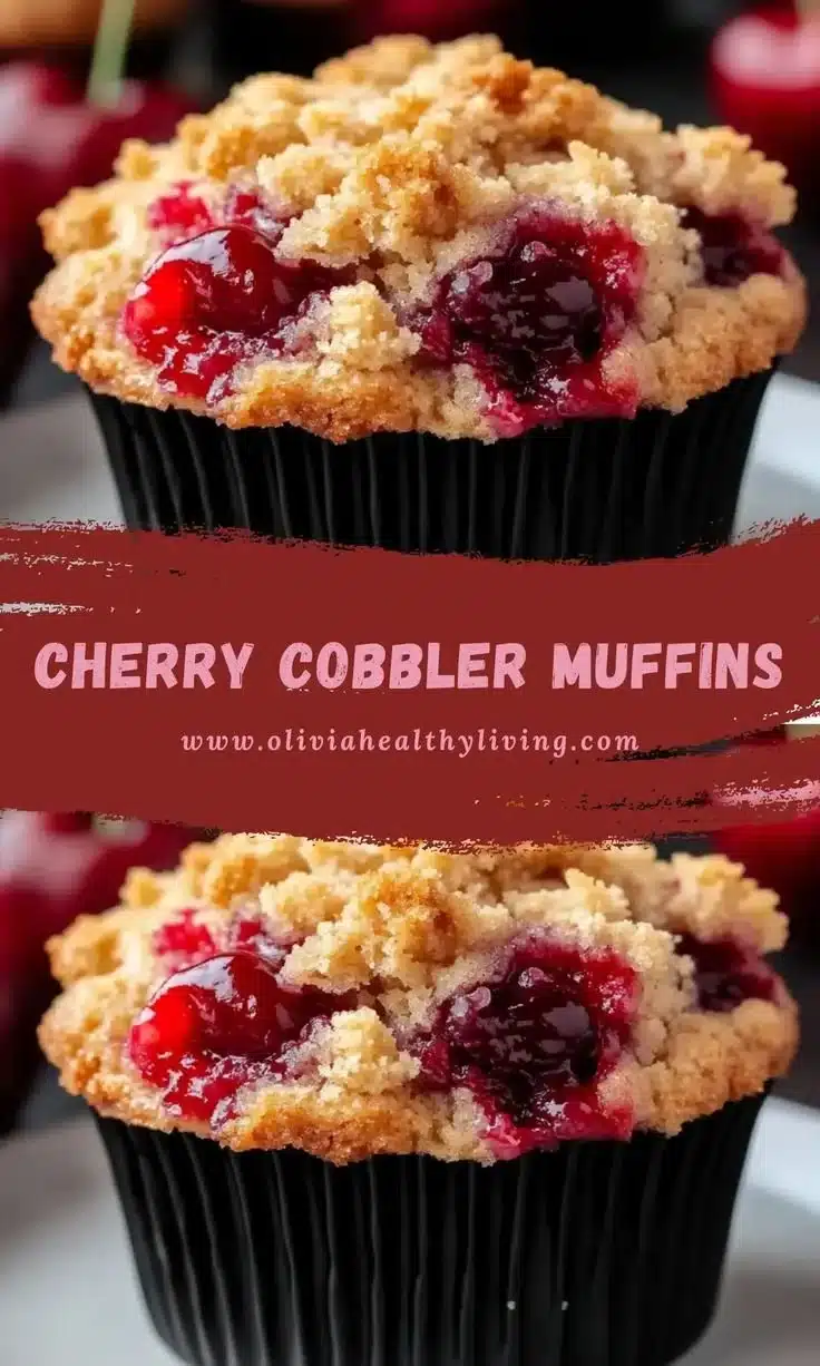 Cherry Cobbler Muffins 1 Freshly baked cherry cobbler muffins with a buttery crumble topping