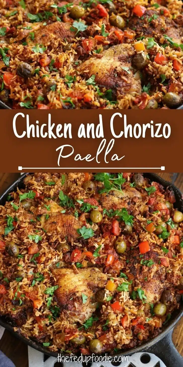 A colorful plate of Chicken Chorizo Paella with vibrant vegetables and spices.