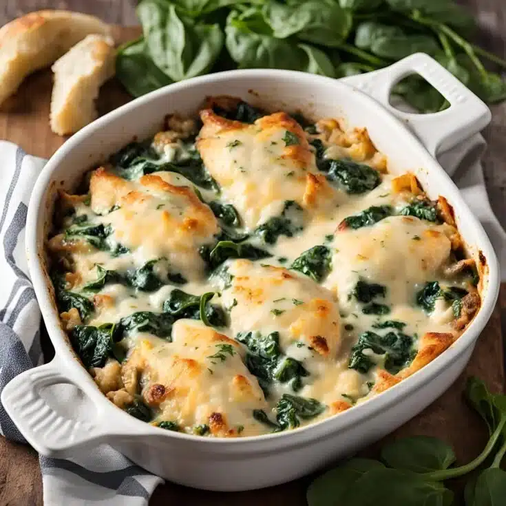 Chicken and Spinach Casserole with Cream Cheese Recipe 1 Creamy Chicken Spinach Casserole topped with melted cheese and herbs.
