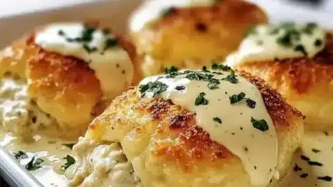 Chicken pillows with creamy parmesan sauce served on a cozy dinner plate.