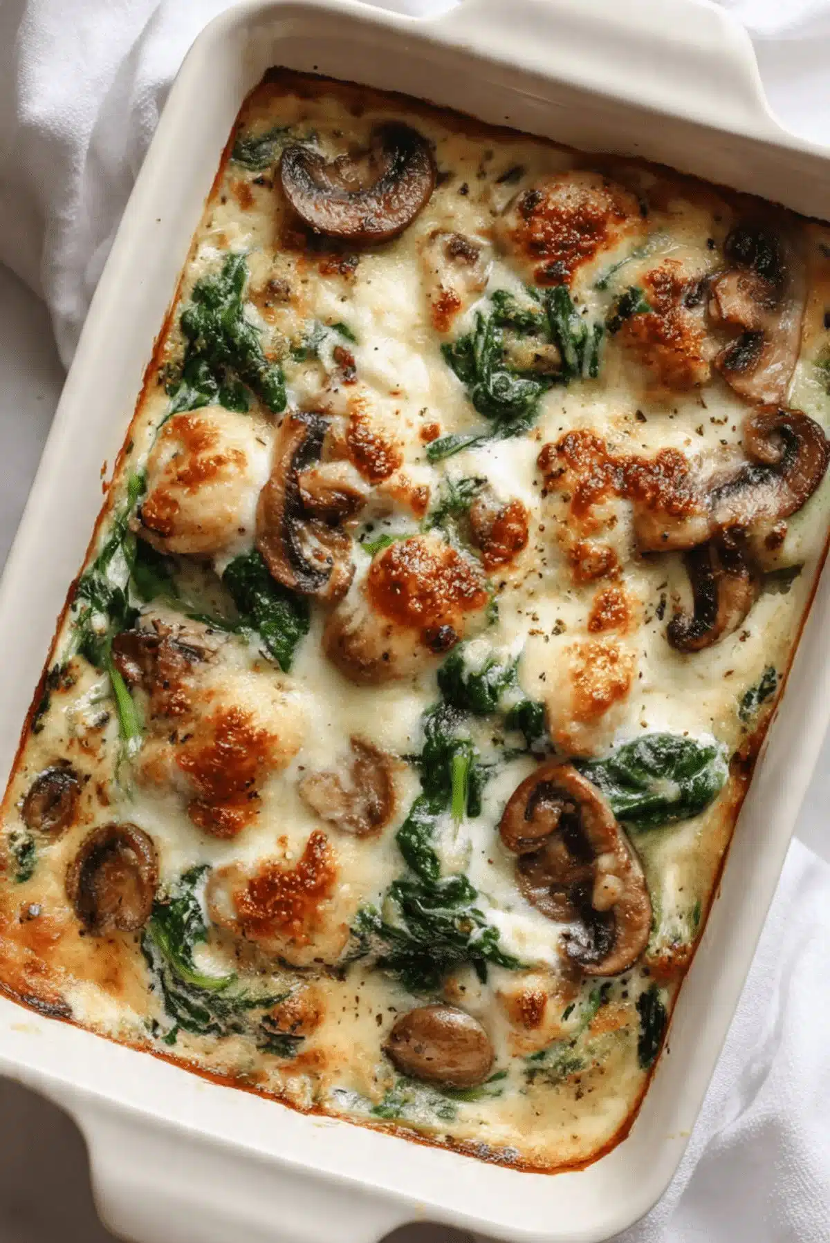 Delicious low carb oven dish featuring chicken, spinach, and mushrooms