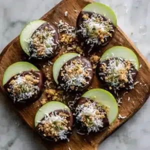 Chocolate-Dipped Apple Slices with Shredded Coconut, Toasted Nuts, and Seeds: A Quick, Healthy, and Elegant Treat 2 Chocolate-dipped apple slices topped with shredded coconut, nuts, and seeds.