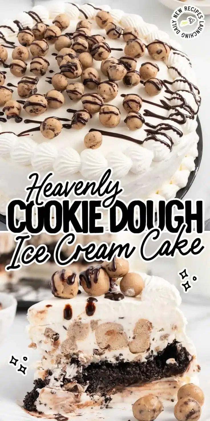 Cookie Dough Ice Cream Cake 1 Delicious cookie dough ice cream cake with chocolate chips and whipped cream