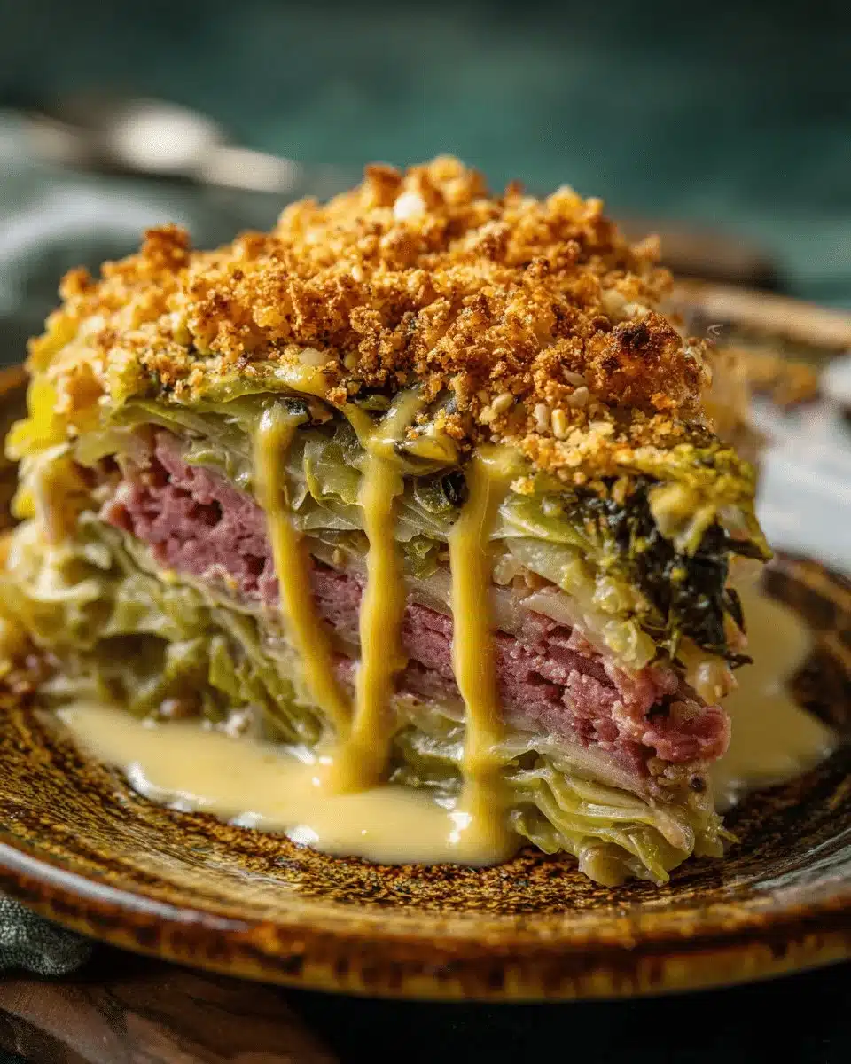 Delicious corned beef and cabbage casserole served in a rustic dish