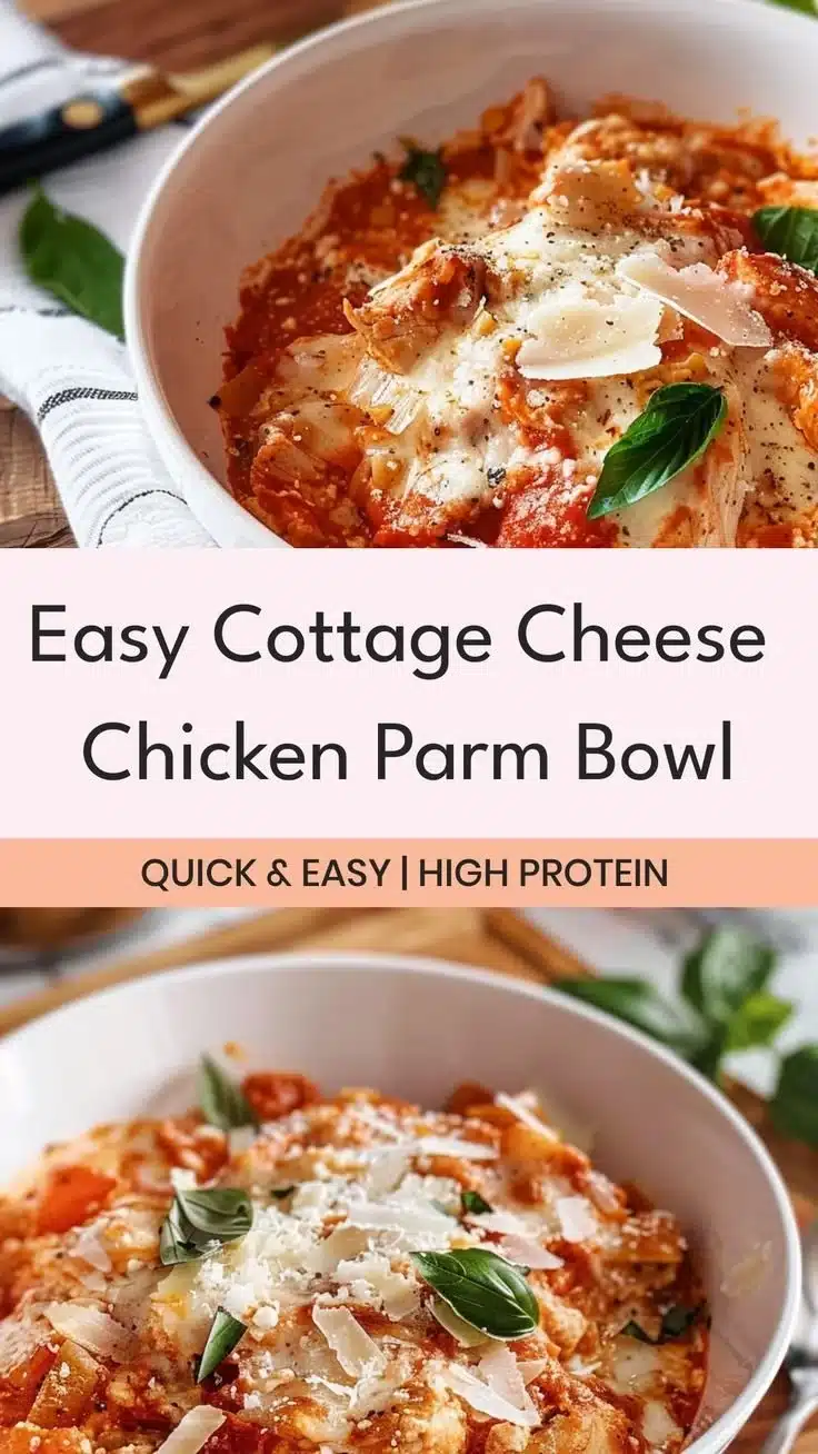Cottage Cheese Chicken Parmesan Bowl 1 Cottage Cheese Chicken Parmesan Bowl with chicken, cheese, and marinara sauce