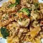 Cowboy Butter Lemon Bowtie Chicken served with broccoli on a plate.