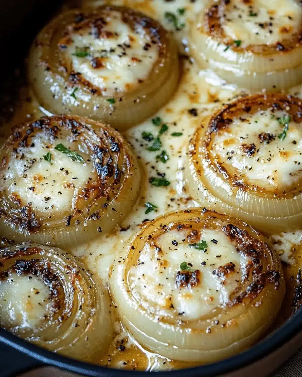 Creamy baked onions topped with Asiago cheese in a cozy dish