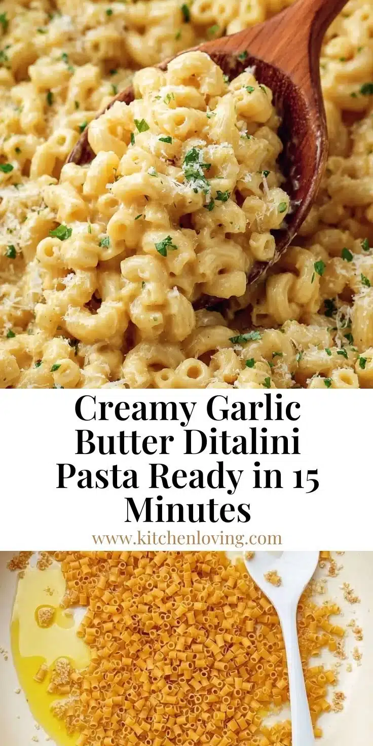 Creamy Garlic Butter Ditalini Pasta 1 Creamy garlic butter ditalini pasta served in a bowl with herbs.