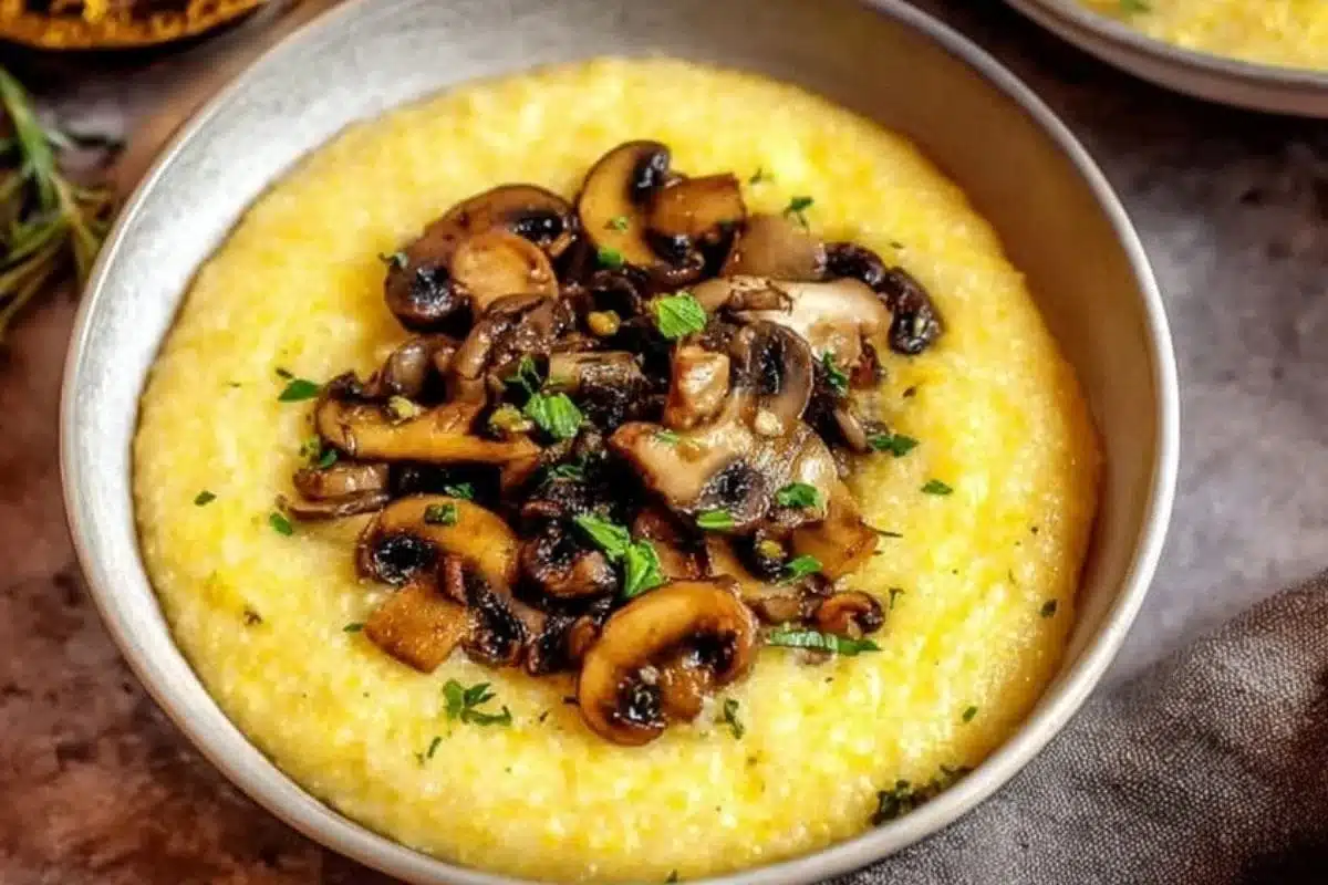 Creamy garlic polenta topped with sautéed mushrooms in a bowl