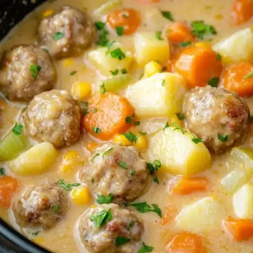 Creamy Meatball Soup with Vegetables 2 Bowl of creamy meatball soup with colorful vegetables.