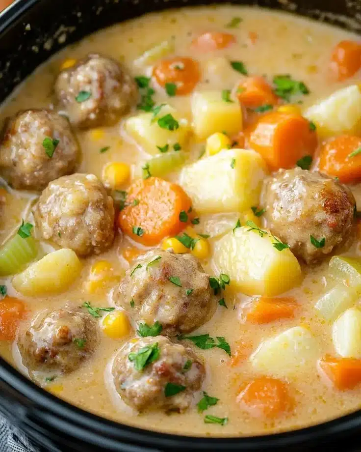 Creamy Meatball Soup with Vegetables 1 Bowl of creamy meatball soup with colorful vegetables.