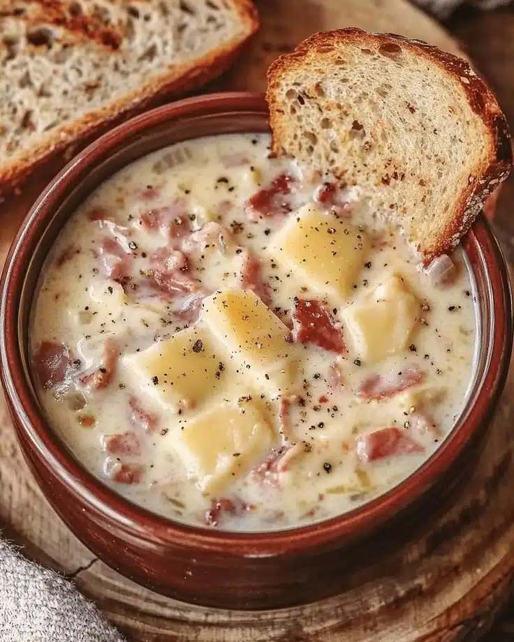 Creamy Reuben soup with corned beef, sauerkraut, and Swiss cheese