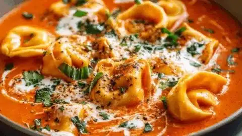 Bowl of creamy Tomato Tortellini Soup garnished with fresh basil
